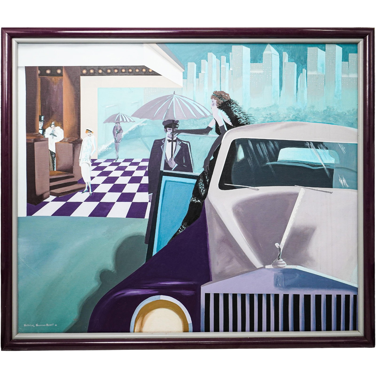 Art Deco-Inspired Nicholas Guerra Bennett Acrylic Painting On Canvas: DESCRIPTION: Art Deco inspired acrylic painting on canvas, depicting an Havana night scene, with an elegant lady descending from a luxurious car. Painted in a cold palette of blue and purple hues, wit