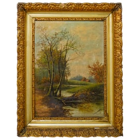 Antique Signed Oil On Canvas Landscape Painting