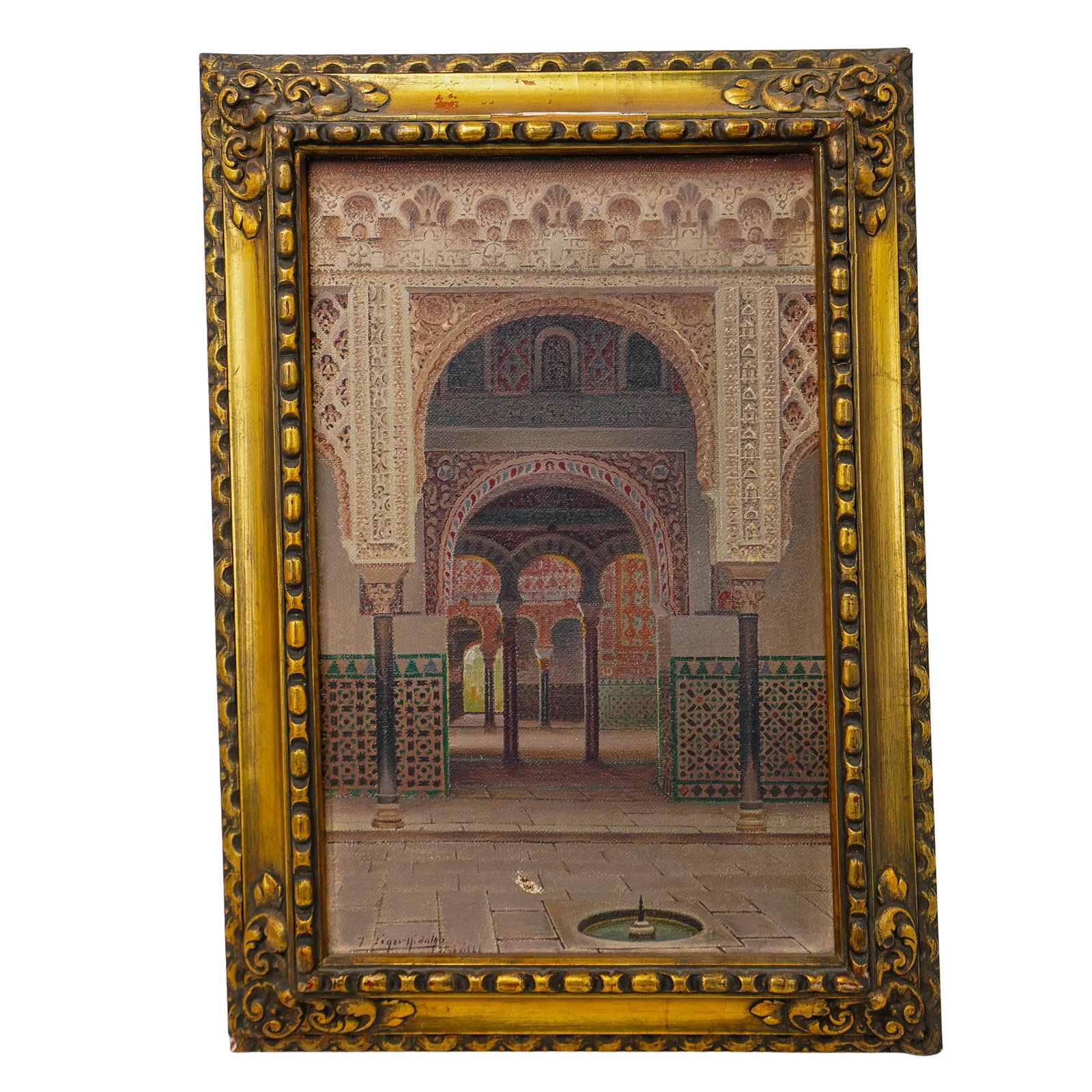 Fernando Liger Hidalgo (Spanish, 1880-1945) Seville Oil On Canvas Painting: DESCRIPTION: Fernando Liger Hidalgo (Spanish, 1880-1945) Oil on canvas painting, depicting the interior of Alcazar of Seville. Signed at lower left "F. Liger Hidalgo Seville" Framed in gilt frame. CIR