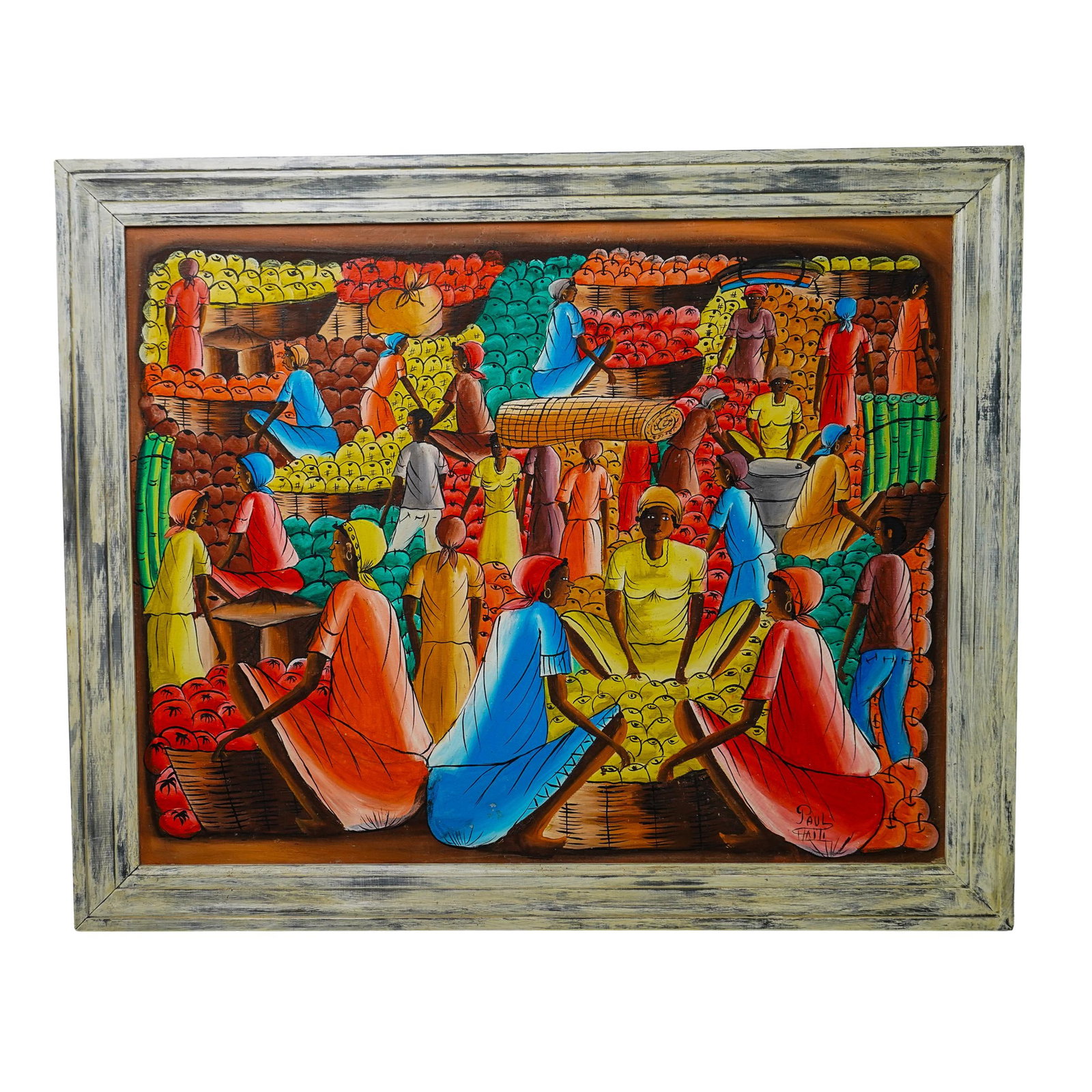 Haitian Folk Art Oil On Canvas Painting: DESCRIPTION: Haitian folk art oil on canvas painting, depicting a vibrant market scene filled with people and baskets of fruit. Signed at bottom right "Paul Haiti" Housed in a distressed wood frame. C
