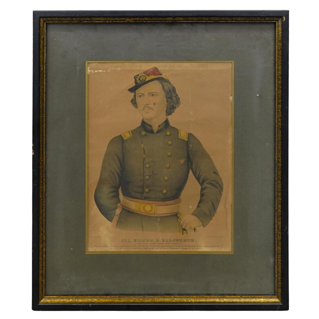 Antique "Col. Elmer E. Ellsworth: Of the New Zouaves" Portrait Lithograph: DESCRIPTION: Antique "Col. Elmer E. Ellsworth: Of the New Zouaves" Portrait Lithograph. Elmer Ephraim Ellsworth (American, 1837-1861) was a United States Army officer and law clerk who was the first c
