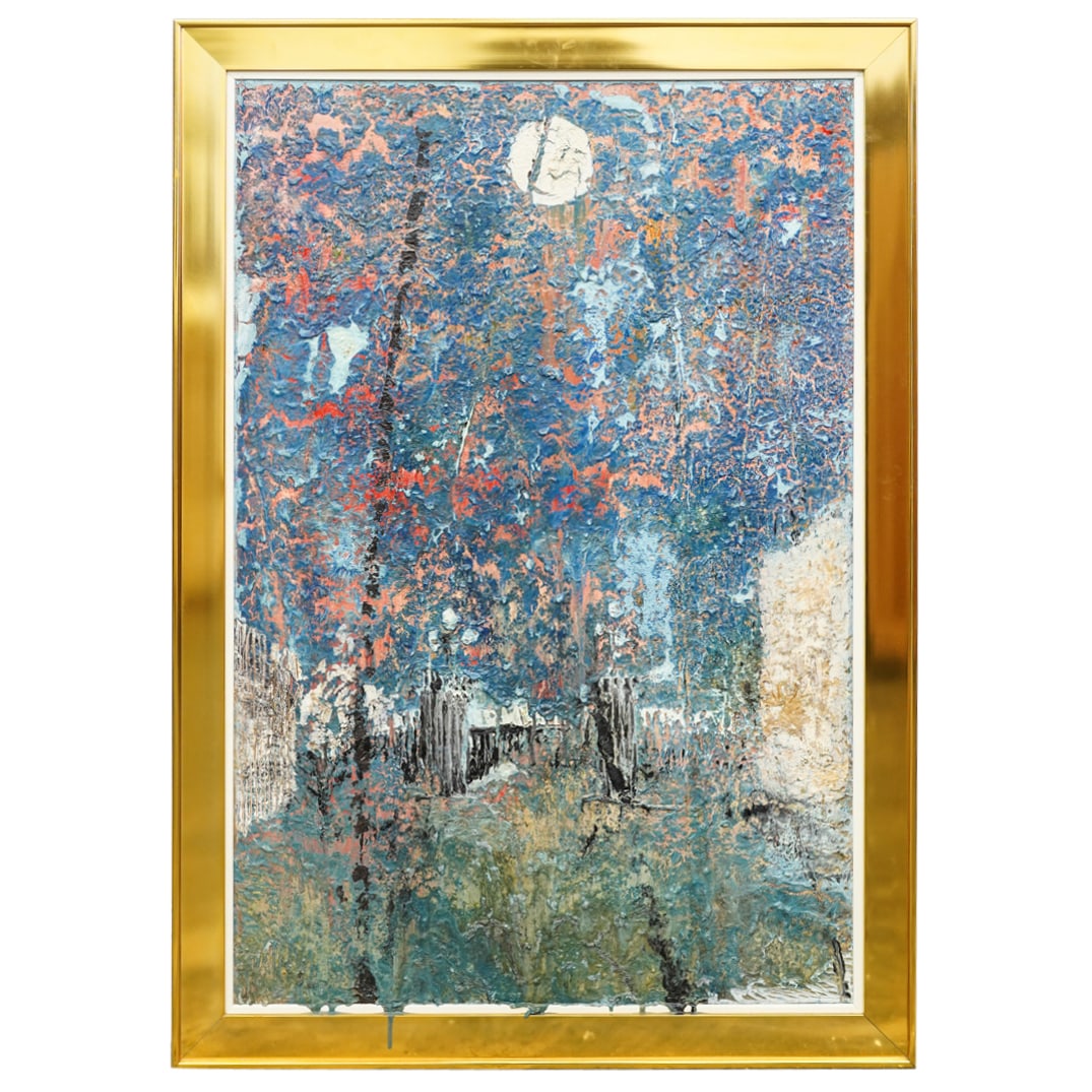 Nightscape Impasto Oil Painting: DESCRIPTION: This artwork is textured painting featuring a night scene. The composition is dominated by deep blues, fiery reds, and hints of orange. A prominent full moon shines in the upper portion, 