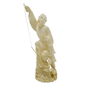 Japanese Carved Bone Fisherman Figurine