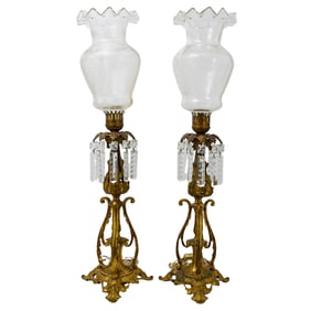 Vintage Gilbert Brass Hurricane Lamps with Crystal Prisms
