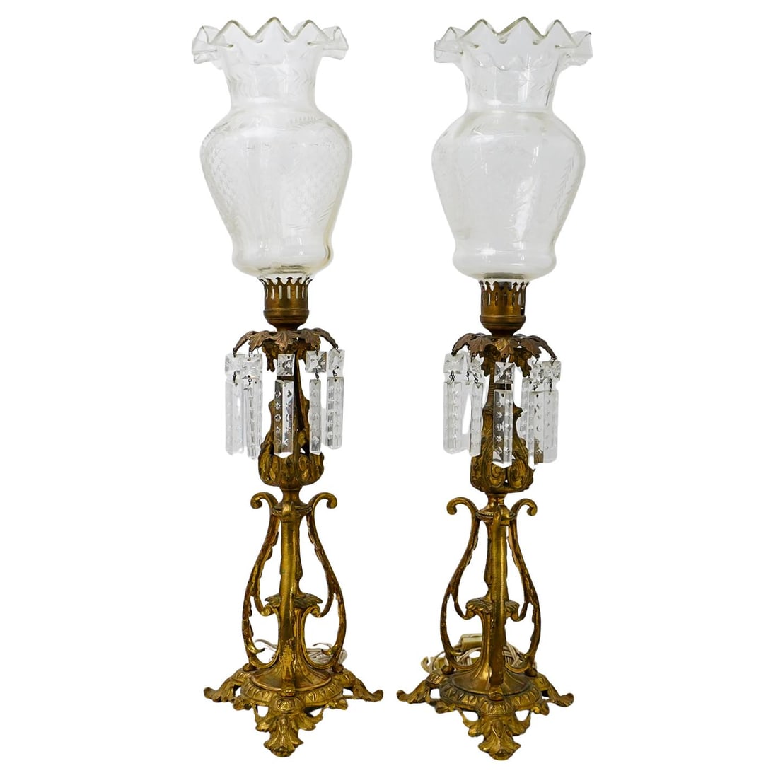 Vintage Gilbert Brass Hurricane Lamps with Crystal Prisms (1 of 8)