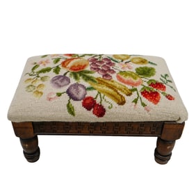 Antique Needlepoint Textile Upholstered Wooden Footstool