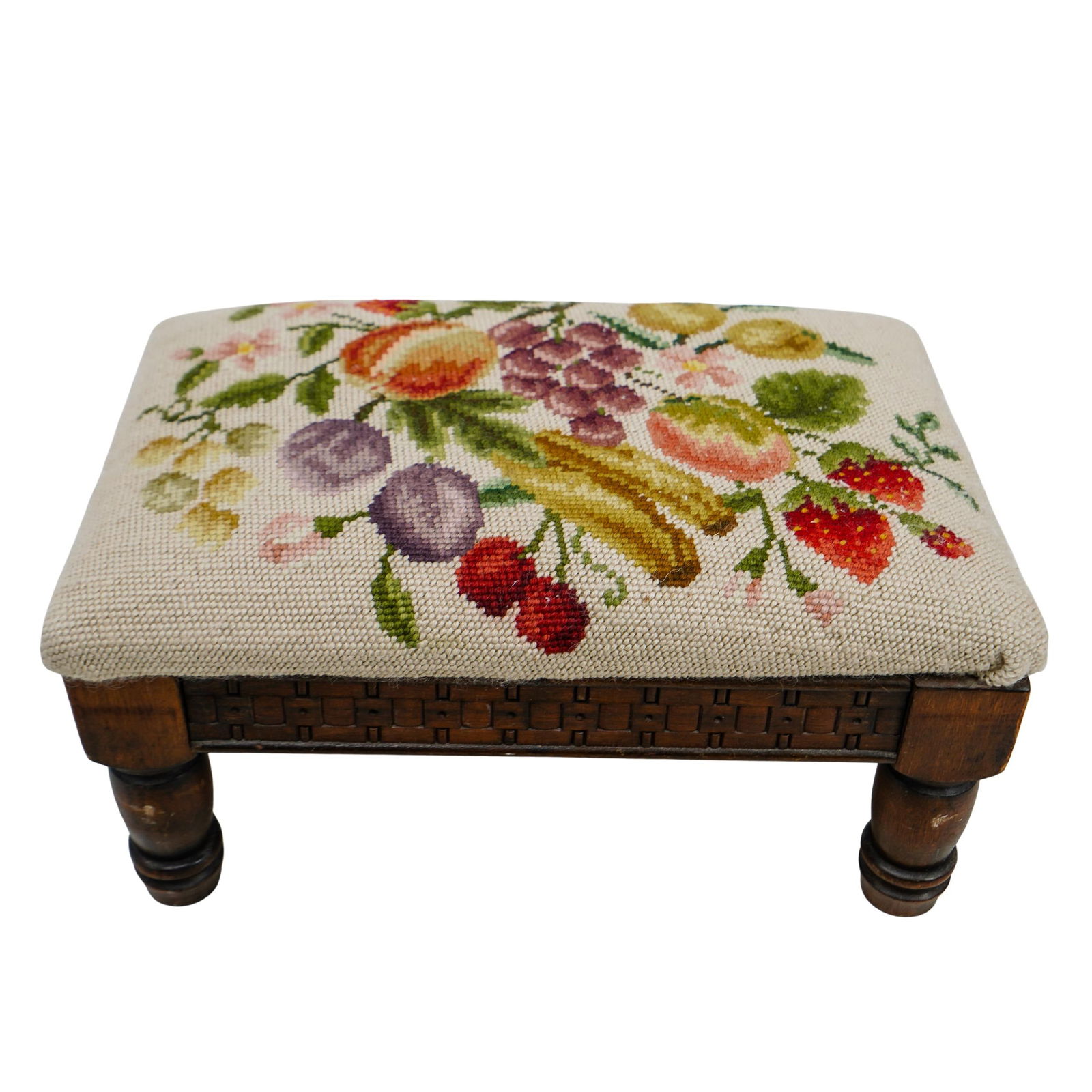 Antique Needlepoint Textile Upholstered Wooden Footstool (1 of 7)