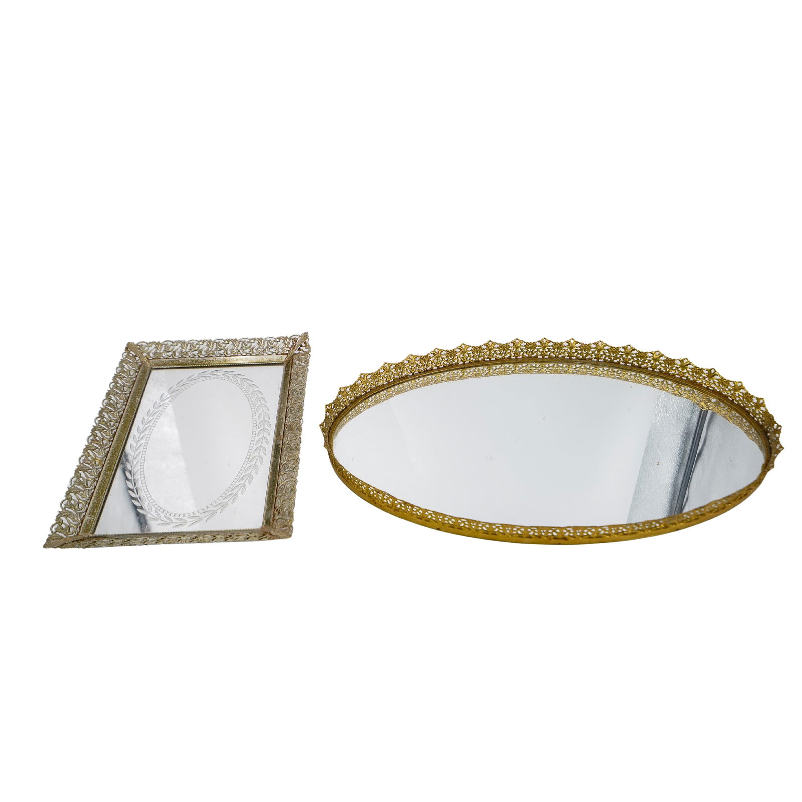 (2 Pc) Vintage Brass Vanity Plateau Mirrors (1 of 9)