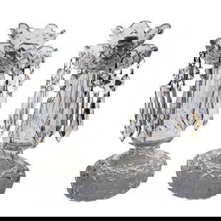 Pair Of Waterford Crystal Candle Holders: DESCRIPTION: Pair of Waterford cut crystal candelabras, featuring deep cross hatched and vertical cuts. Each adorned with hanging crystal prisms and faceted drops. The candle holder portion has a flar