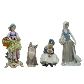 (4 pcs) Assorted Porcelain Figurines, NAO, Sitzendorf, Royal Copenhagen