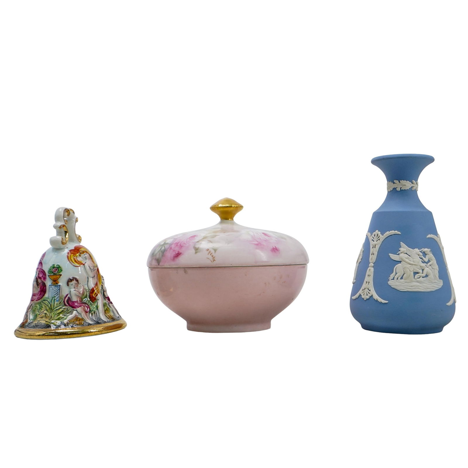 (3 pcs) Porcelain Decorative Articles, Limoges, Wedgwood, Capodimonte: DESCRIPTION: X1 Capodimonte porcelain bell. Handcrafted carved figural scene with floral elements and gilt accents. Hand-painted. Marked in gilt paint on underside with Capodimonte crown mark, "32 Cap