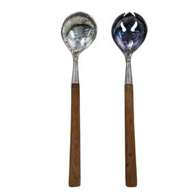 (2 Pc) Sterling Silver W/ Wooden Handle Salad Serving Utensils