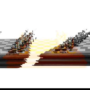 (33 pcs) Cuba The War of Independence Chess Set: DESCRIPTION: Military chess set depicting soldiers from the Cuban War of Independence 1868. Includes one wooden chess board that functions as the carrying case for 32 pieces. Hand-painted pieces. Smal