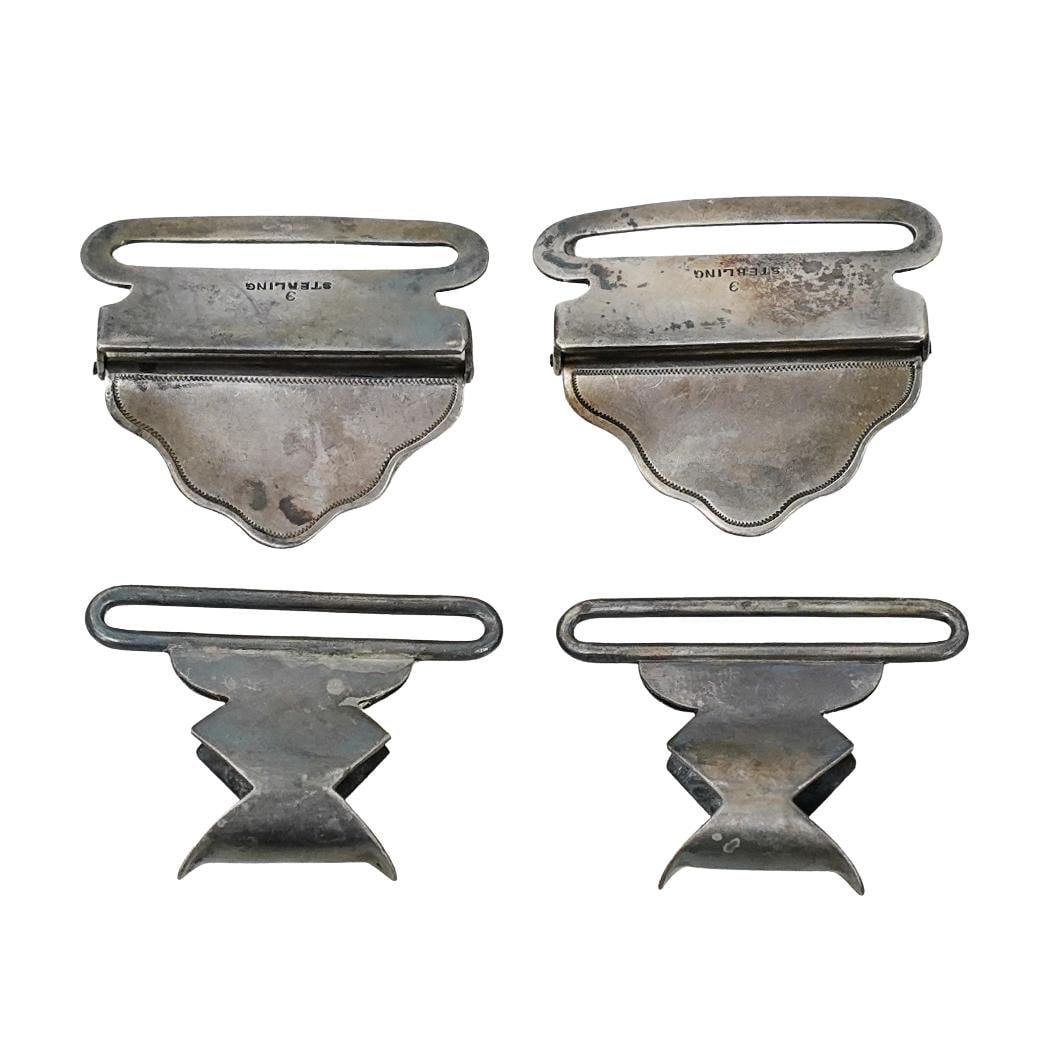 (4 pcs) 19th Century Silver Belt Buckles: DESCRIPTION: 19th century silver belt buckles. x2 Marked "Sterling, 3". L: 1 1/2" W: 3/4" x2 Unmarked. L: 1 1/2" W: 1 1/8" Total weight: 37.86g CIRCA: 19th century ORIGIN: USA DIMENSIONS: See above CO