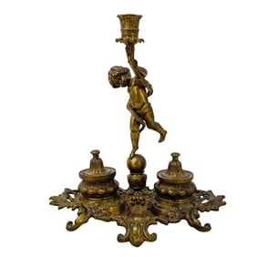 Antique Italian Gilt Bronze Putti Cherub Inkwell