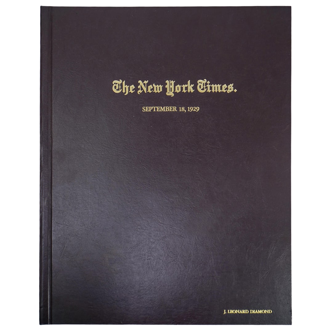 Leather Bound Sept. 18, 1929 'The New York Times' Newspaper: DESCRIPTION: Leather Bound Authentic Sept. 18, 1929 'The New York Times' Newspaper. With COA by the American Vintage Library. Notarized with a 1994 official seal from Los Angeles county. Monogrammed "