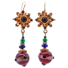 Etruscan Yellow Gold Overlay Filigree & Venetian Glass Earrings
