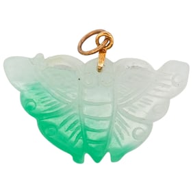 Chinese 14K Gold Natural Jade Butterfly Pendant