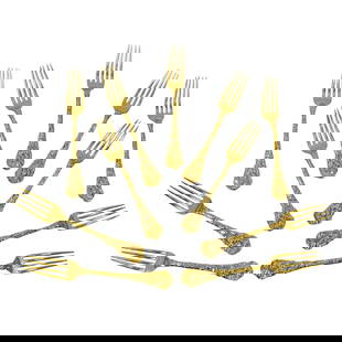 (11 Pc) Gorham Gilt Sterling Silver Salad Forks: (11 Pc) Gorham Gilt Sterling Silver Salad ForksLate 19th to Mid 20th Century, USASet of (11) Gorham gilded sterling silver salad forks, in the 'Violet' pattern, made for Washington Augustus Roebling a