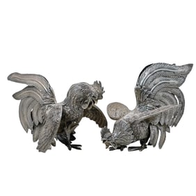 Pair Camusso Sterling Silver Rooster Figurines