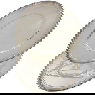 (6 Pc) Large Christofle Judiaca Silver-Plated Chargers: (6 Pc) Large Christofle Judiaca Silver-Plated Chargers20th century, FranceThese large Christofle silver-plated plates have a rim adorned with the signature beaded and palmette motifs of the Malmaison