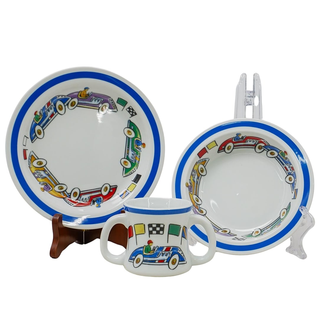 (3 pcs) Tiffany and Co. "Race Cars" Children's Tableware Set w/ Box: (3 pcs) Tiffany and Co. "Race Cars" Children's Tableware Set w/ BoxTiffany & Co. three piece children's bone china tableware set in "Race Cars" pattern (2002). Marked on bottom of each piece "Tiffany