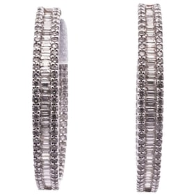 Pair Of 14k White Gold and Diamond Hoop Earrings