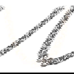 Stephen Dweck Sterling Silver Chain Necklace: Stephen Dweck Sterling Silver Chain Necklace21st Century, USAStephen Dweck sterling silver necklace, featuring a complex woven link pattern closing with a stylized hook and eye clasp. Total weight: 10
