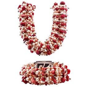 Sterling Silver Coral and Pearl Jewelry Set