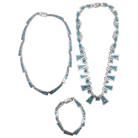 (3 Pc) Mexican Sterling Silver and Turquoise Jewelry Set