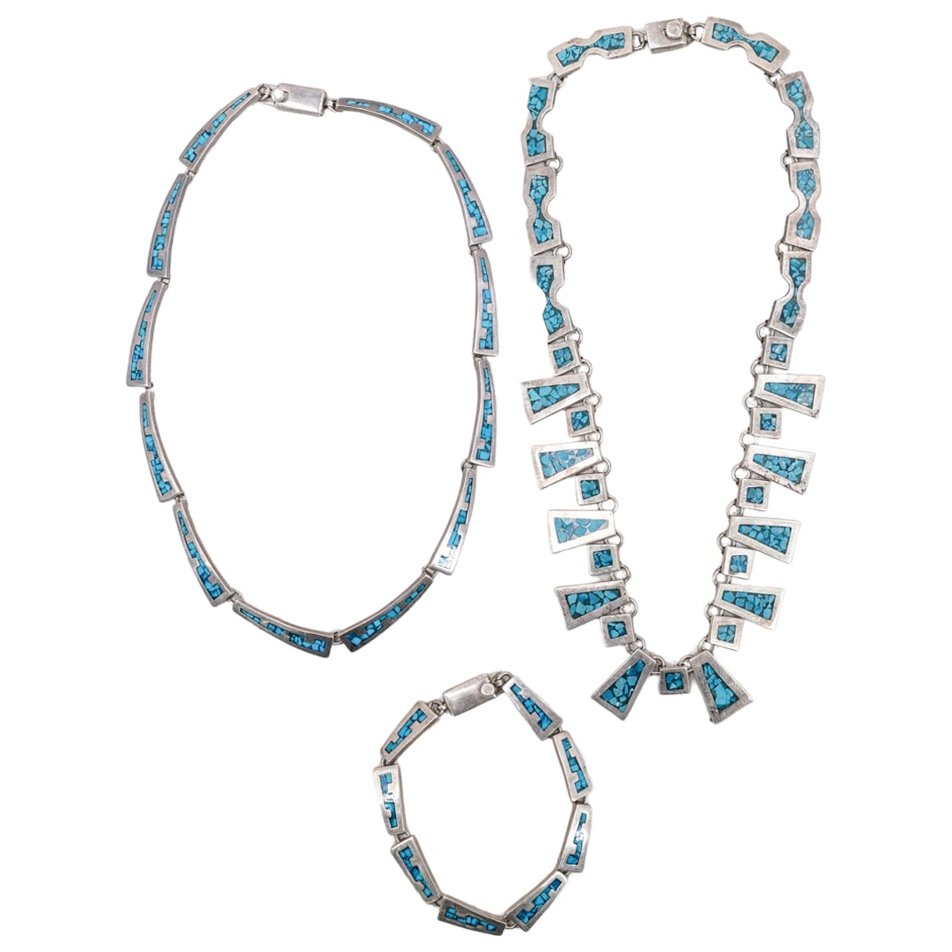 (3 Pc) Mexican Sterling Silver and Turquoise Jewelry Set (1 of 7)