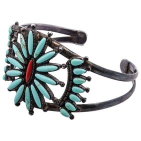 Sterling Silver Turquoise and Coral Cuff Bracelet