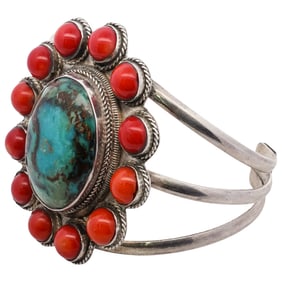 Sterling Silver Turquoise and Coral Cuff Bracelet