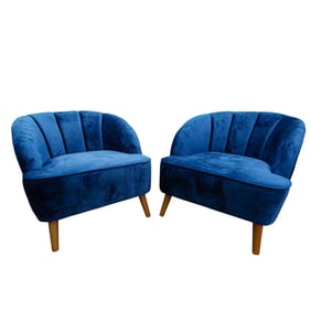 Pair Mid Century Modern Blue Velvet Chairs