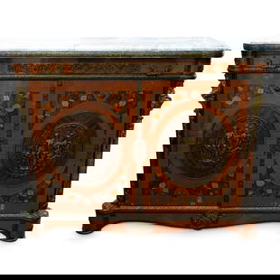 Antique French Marquetry Commode W/ Marble Top: Antique French Marquetry Commode W/ Marble TopLate 19th - Early 20th Century, FranceAntique French marquetry commode with marble top, crafted from carved wood, featuring ormolu trimmings throughout th