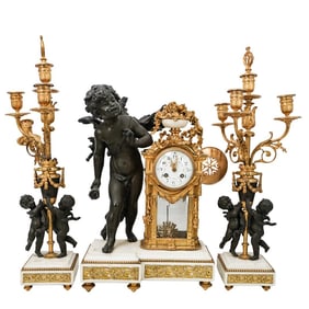 (3 Pc) Antique French Gilt Bronze And Marble Garniture Set