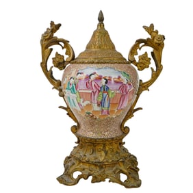 Antique Chinoiserie Bronze Mounted Porcelain Urn