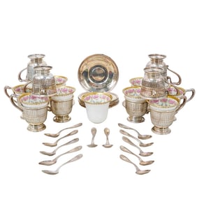 (47 pcs) Limoges Porcelain and Meriden Britania Sterling Tea Set