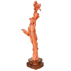 Chinese Carved Coral Figure On Carved Wood Stand