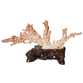 Antique Chinese Coral Figural Group Carving