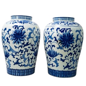 Pair Of Antique Chinese Large Blue & White Porcelain Vases