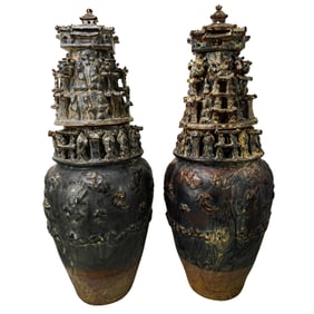(2 Pc) Antique Oversize Chinese Yue Ware Hunping ‘Spirit Jar’ Funeral Vessels