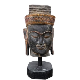 Large Carved Wooden Buddha Head Sculpture