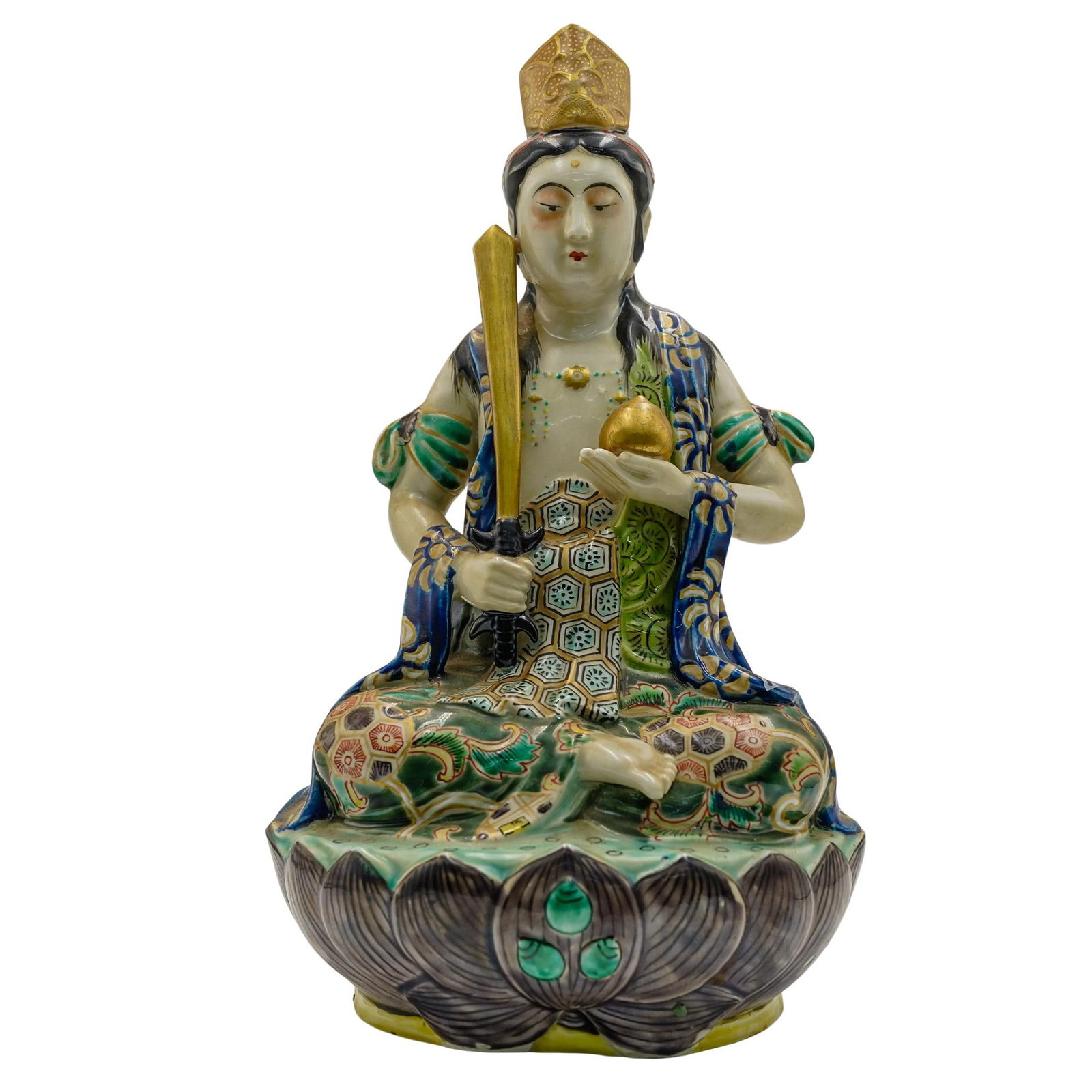 Japanese Kutani Porcelain Goddess Figure: Japanese Kutani Porcelain Goddess Figure Late 19th to Early 20th Century, Japan Japanese kutani porcelain figure, depicting a Goddess seated in the lotus position, atop a stylized lotus pedestal. In o