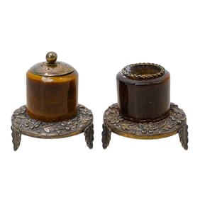 Pair Of Chinese Tigers Eye and Sterling Silver Salt and Pepper Holders