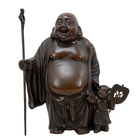 Japanese Bronze Maitreya Buddha with Child Sculpture