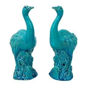 Pair Of Chinese Turquoise Glazed Porcelain Emu Figurines