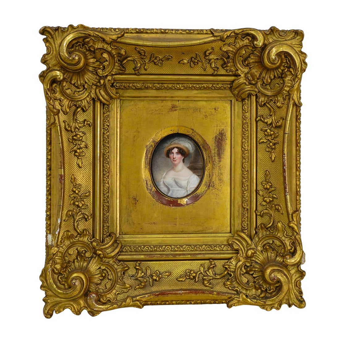 French Fine Portrait Painting on Bone: French Fine Portrait Painting on Bone19th centuryFine 19th century French portrait painting of a lady hand-painted on bone. Large ornate gilt frame. Backside of portrait is brass and affixed to the ba