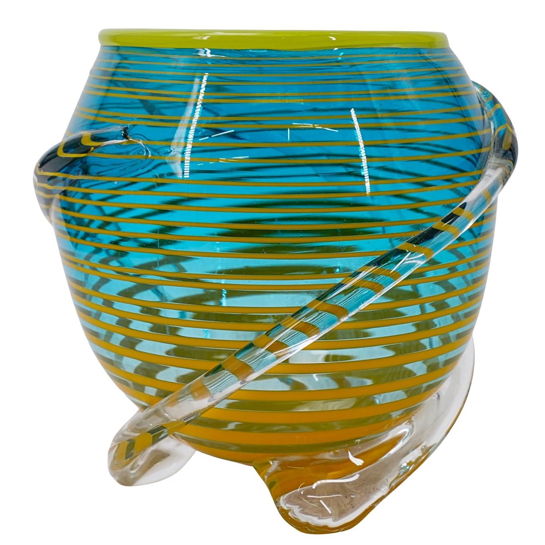 Andrew Madvin "Orb" Series Glass Vase: Andrew Madvin "Orb" Series Glass Vase 2002, USA A smooth and glossy vase with a rounded, orb-like shape, an asymmetrical base, and intricate swirling lines created by layering and twisting colored gla