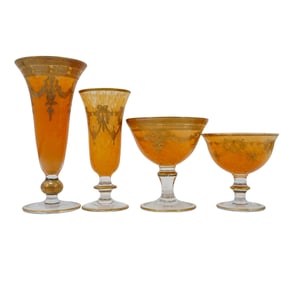 (4 Pc) Interglass Italy Medici 24K Marbled Orange Blown Glass Goblets
